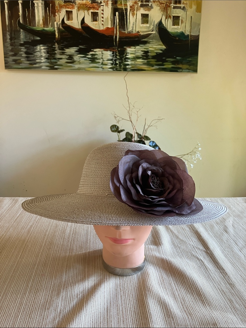 Elegant  Taupe Women's Wide-Brim Hat With Brown Organza Floral Accent